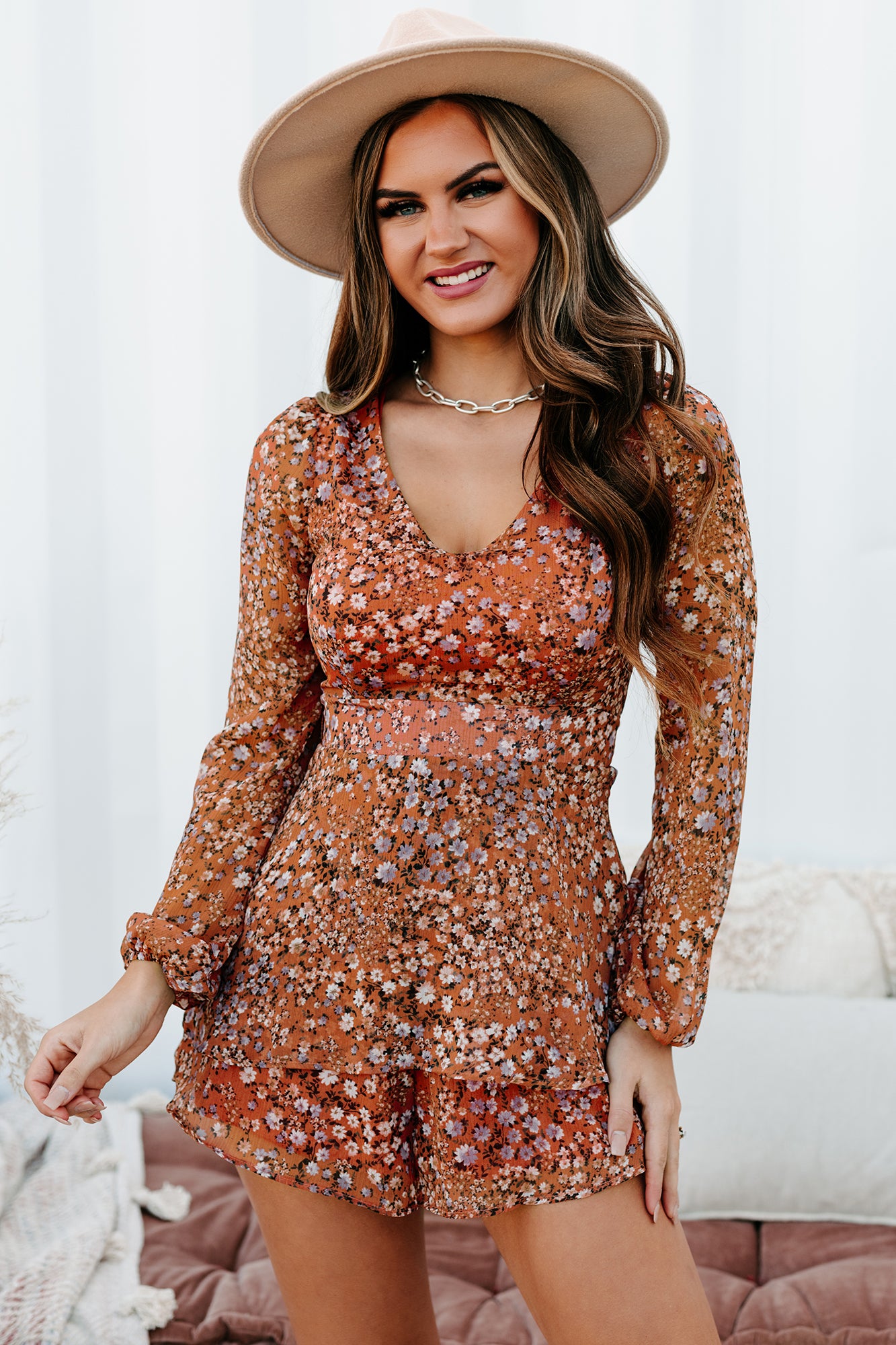 Join The Festivities Long Sleeve Floral Romper (Rust/Lilac Floral) - NanaMacs