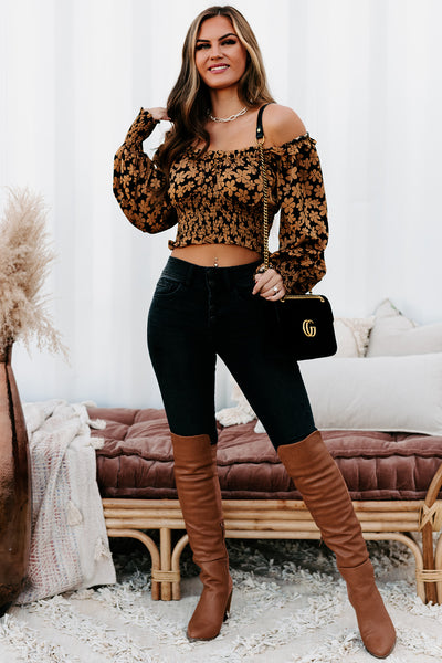 Work The Bloom Floral Smocked Waist Crop Top (Black/Camel) - NanaMacs