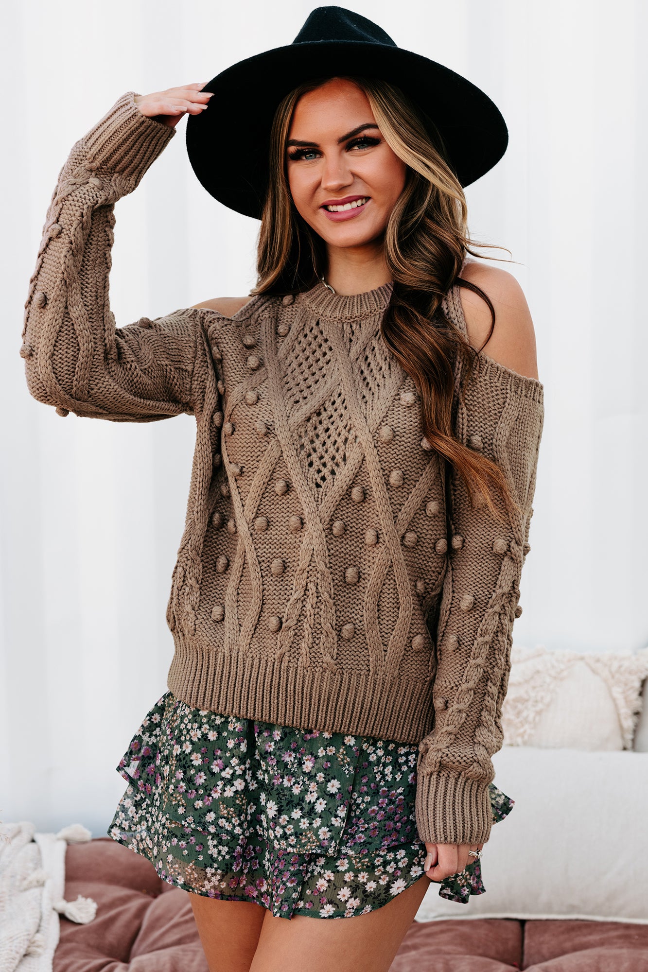 Your Best Years Pom Detailed Cold Shoulder Sweater (Mocha) – NanaMacs