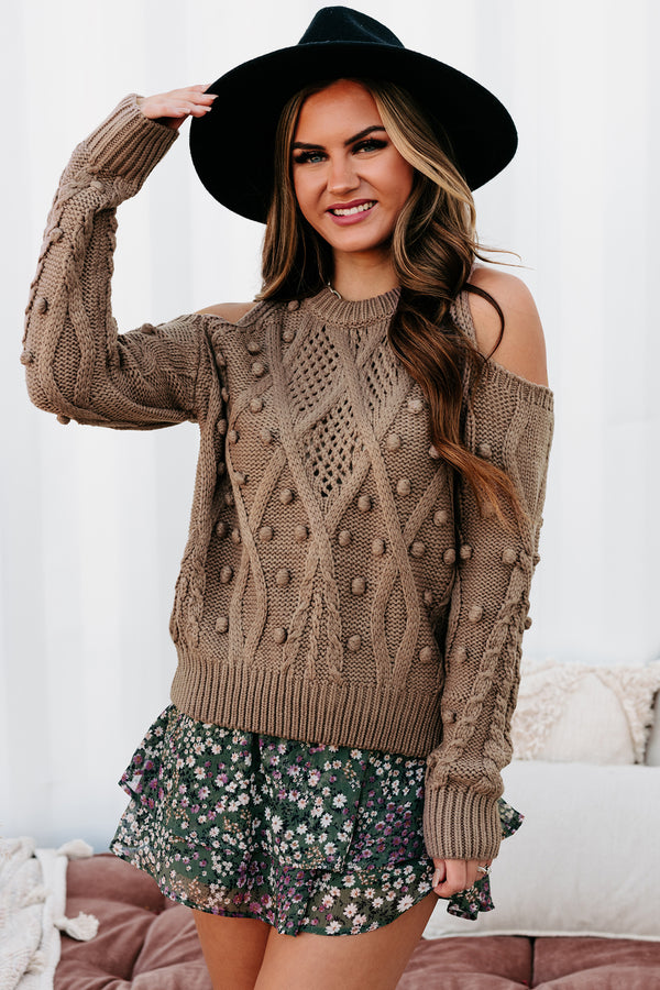 Your Best Years Pom Detailed Cold Shoulder Sweater (Mocha) - NanaMacs