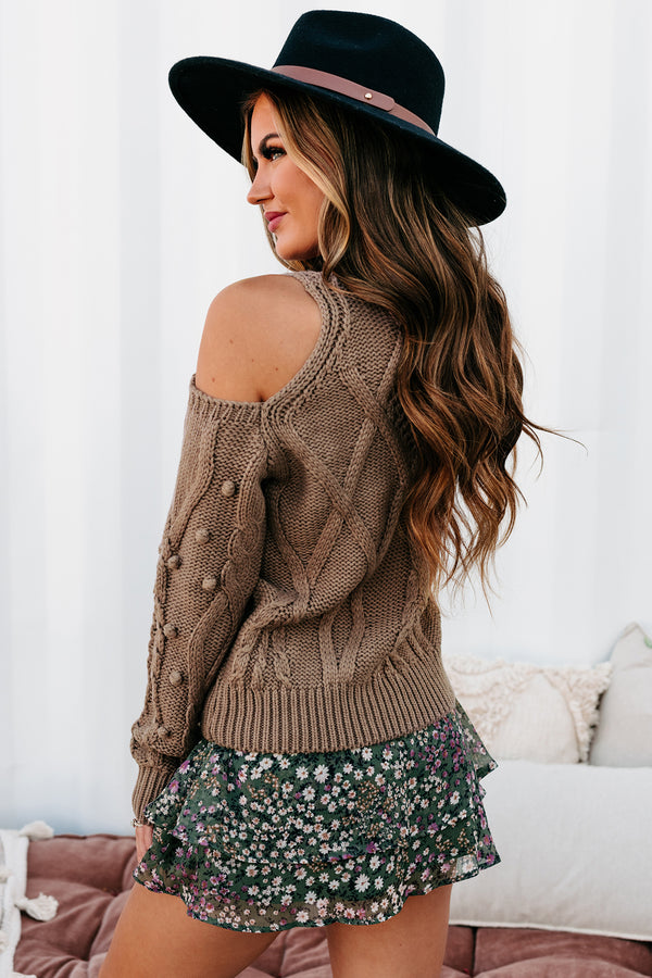 Your Best Years Pom Detailed Cold Shoulder Sweater (Mocha) - NanaMacs