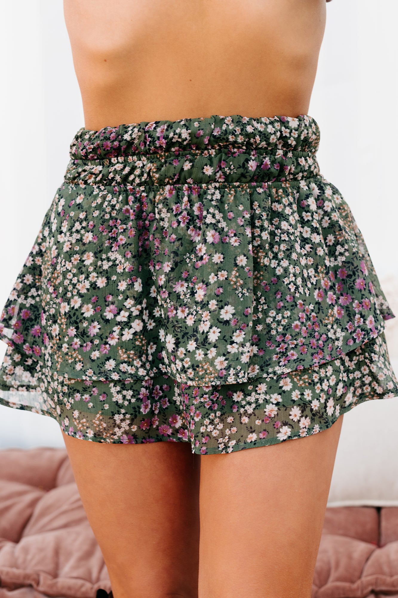 Natural Beauty Tiered Floral Mini Skirt (Olive/Lilac Floral) - NanaMacs