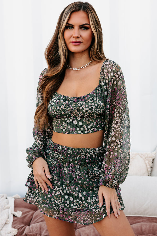 Natural Beauty Long Sleeve Tie-Back Crop Top (Olive/Lilac Floral) - NanaMacs