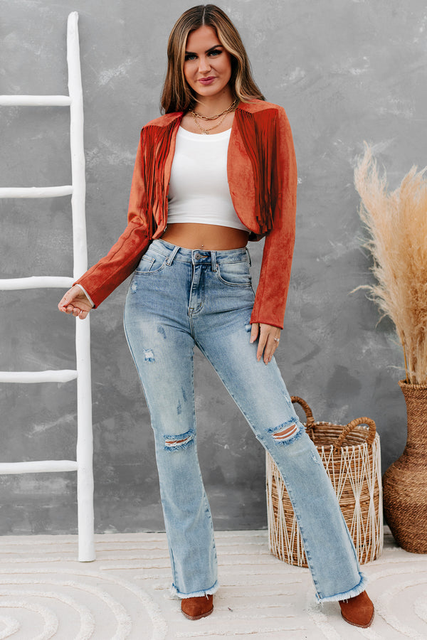 Western Skies Faux Suede Cropped Fringe Jacket (Brick) - NanaMacs