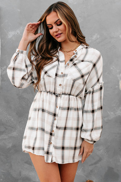 Living For Fall Plaid Button-Front Mini Dress (Off White) - NanaMacs