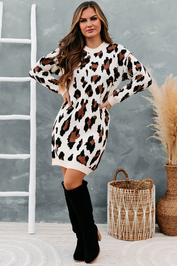 Cattitude Adjustment Leopard Print Sweater Dress (Cream Multi) - NanaMacs