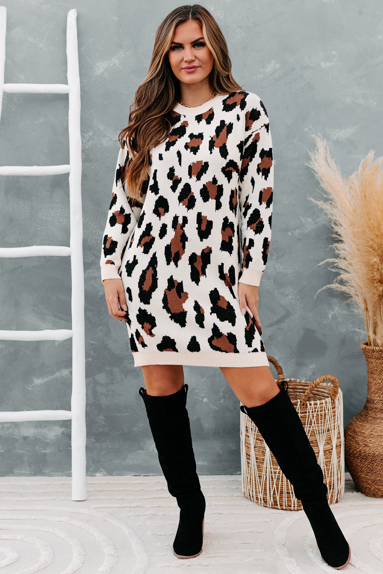 Cattitude Adjustment Leopard Print Sweater Dress (Cream Multi) - NanaMacs