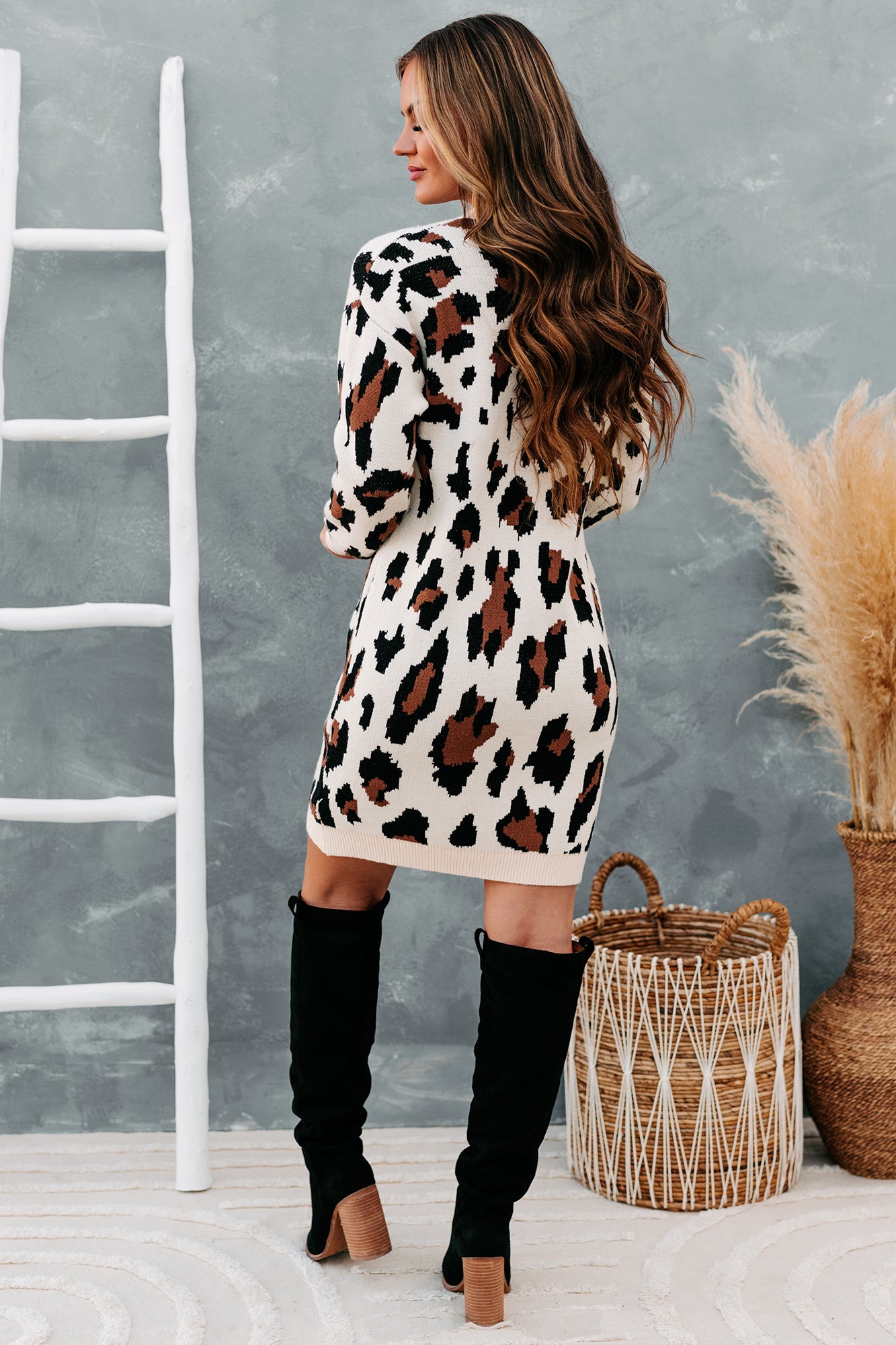 Cattitude Adjustment Leopard Print Sweater Dress (Cream Multi) - NanaMacs