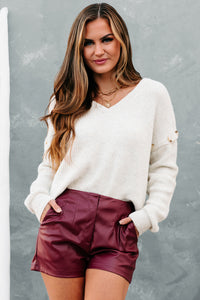 Finding Happiness Button Sleeved V-Neck Sweater (Oatmeal) - NanaMacs