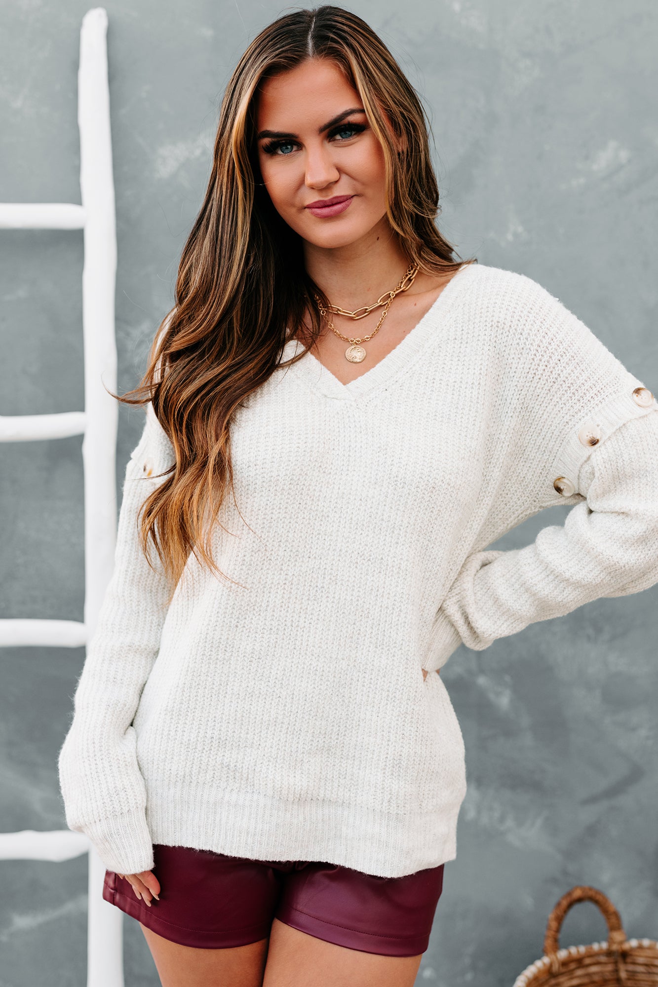 Finding Happiness Button Sleeved V-Neck Sweater (Oatmeal) - NanaMacs