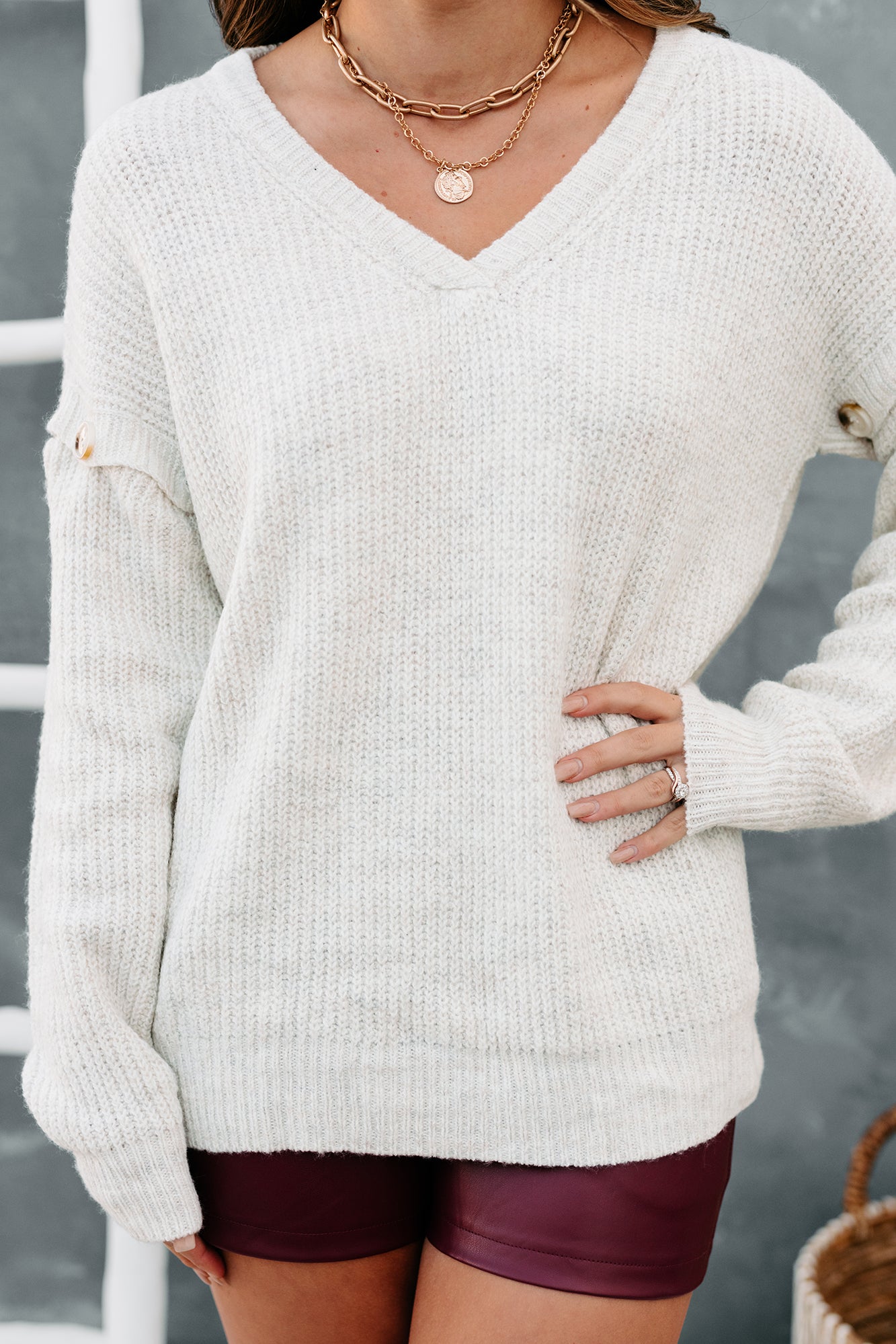 Finding Happiness Button Sleeved V-Neck Sweater (Oatmeal) - NanaMacs