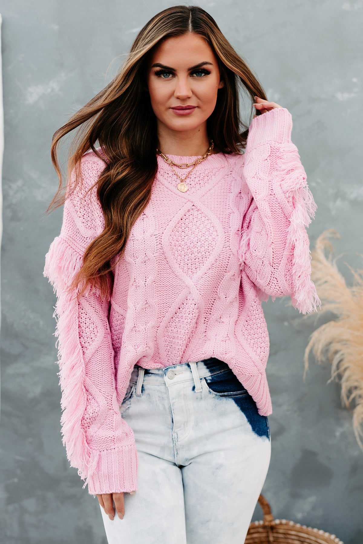 Chilly Greetings Fringe Sleeve Cable Knit Sweater (Pink) · NanaMacs
