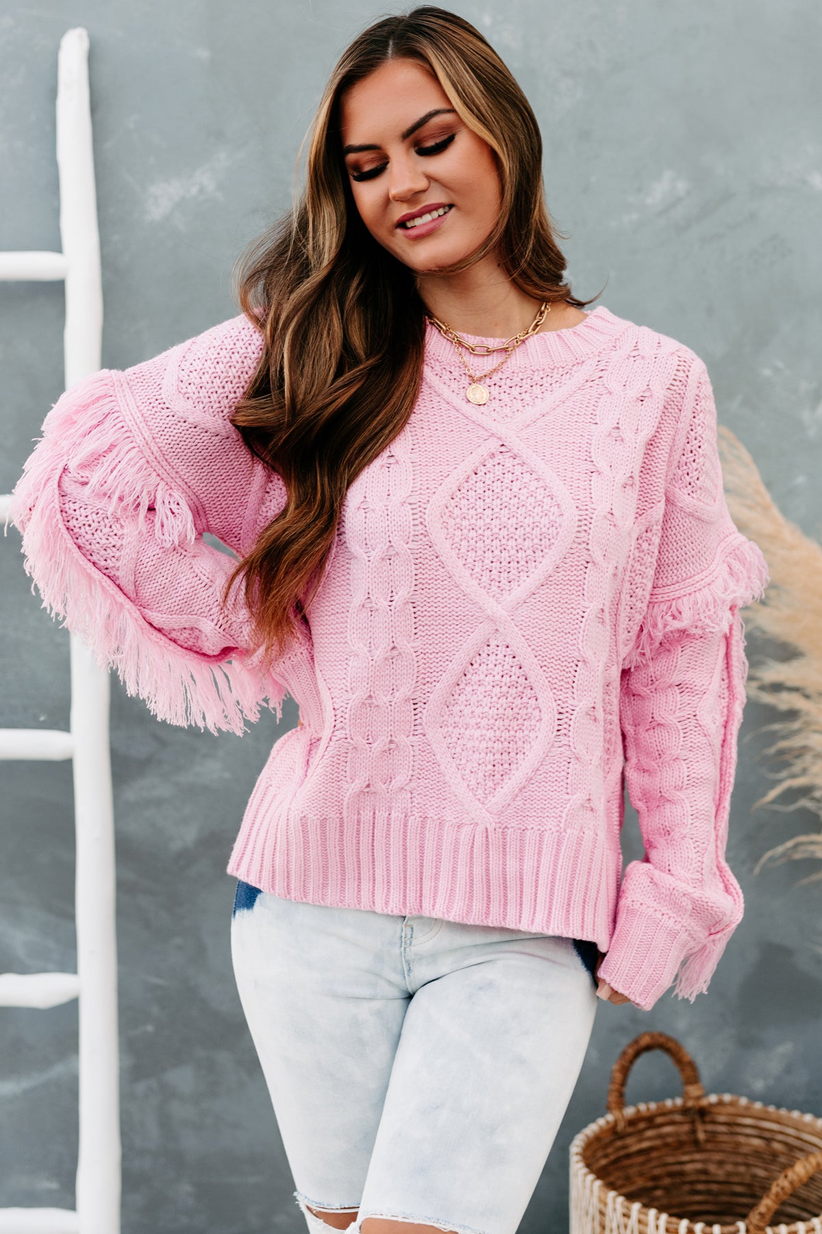 Chilly Greetings Fringe Sleeve Cable Knit Sweater (Pink) · NanaMacs