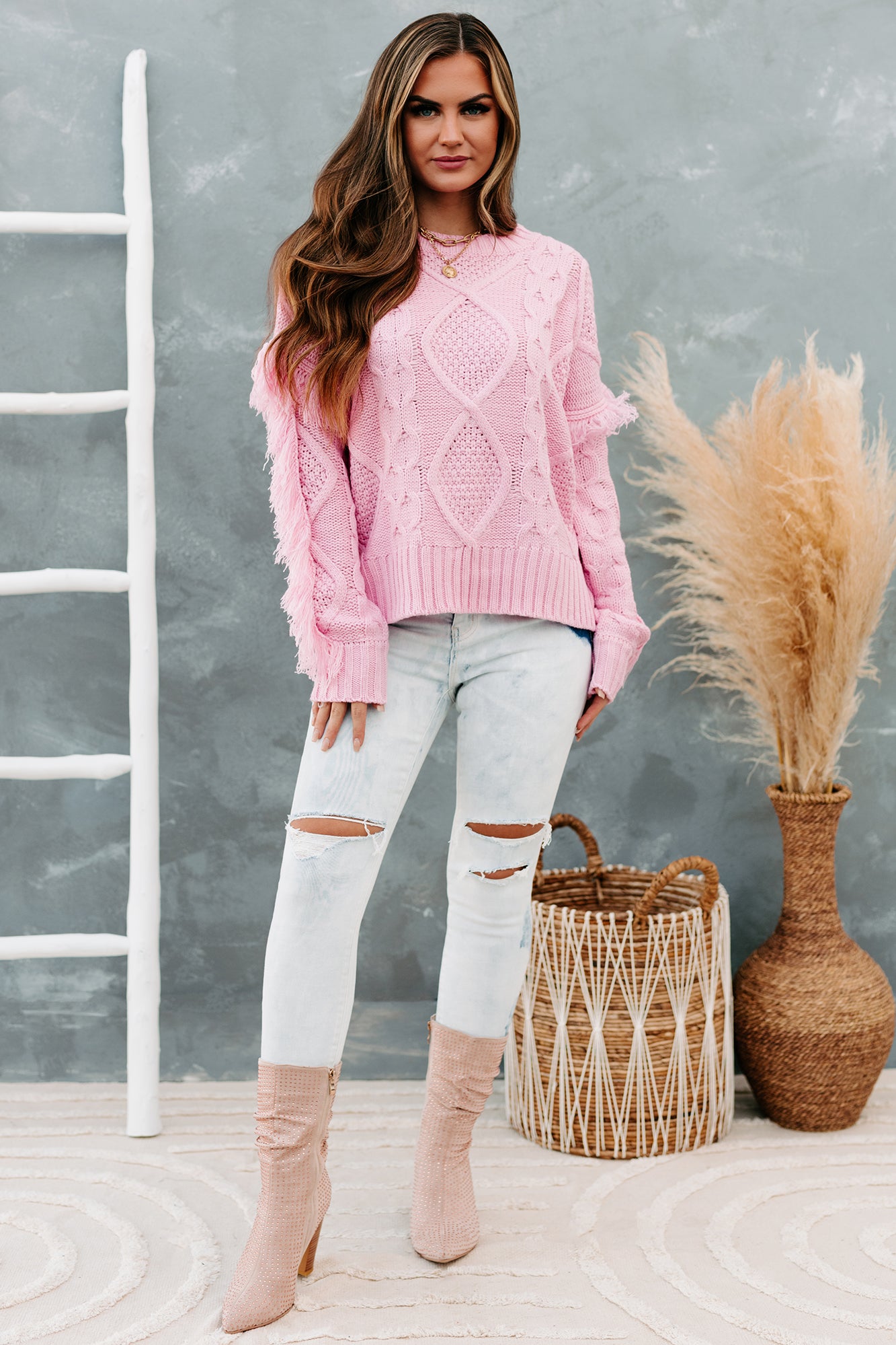 Chilly Greetings Fringe Sleeve Cable Knit Sweater (Pink)