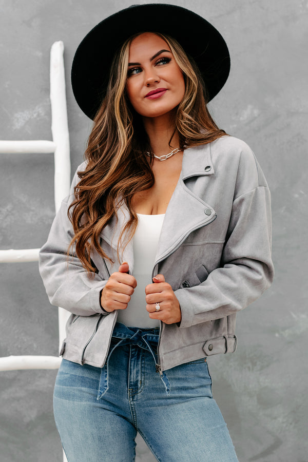 My Ride Or Die Faux Suede Moto Jacket (Light Gray) - NanaMacs