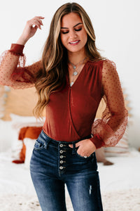 Style Central Dot Sleeve Surplice Bodysuit (Marsala) - NanaMacs