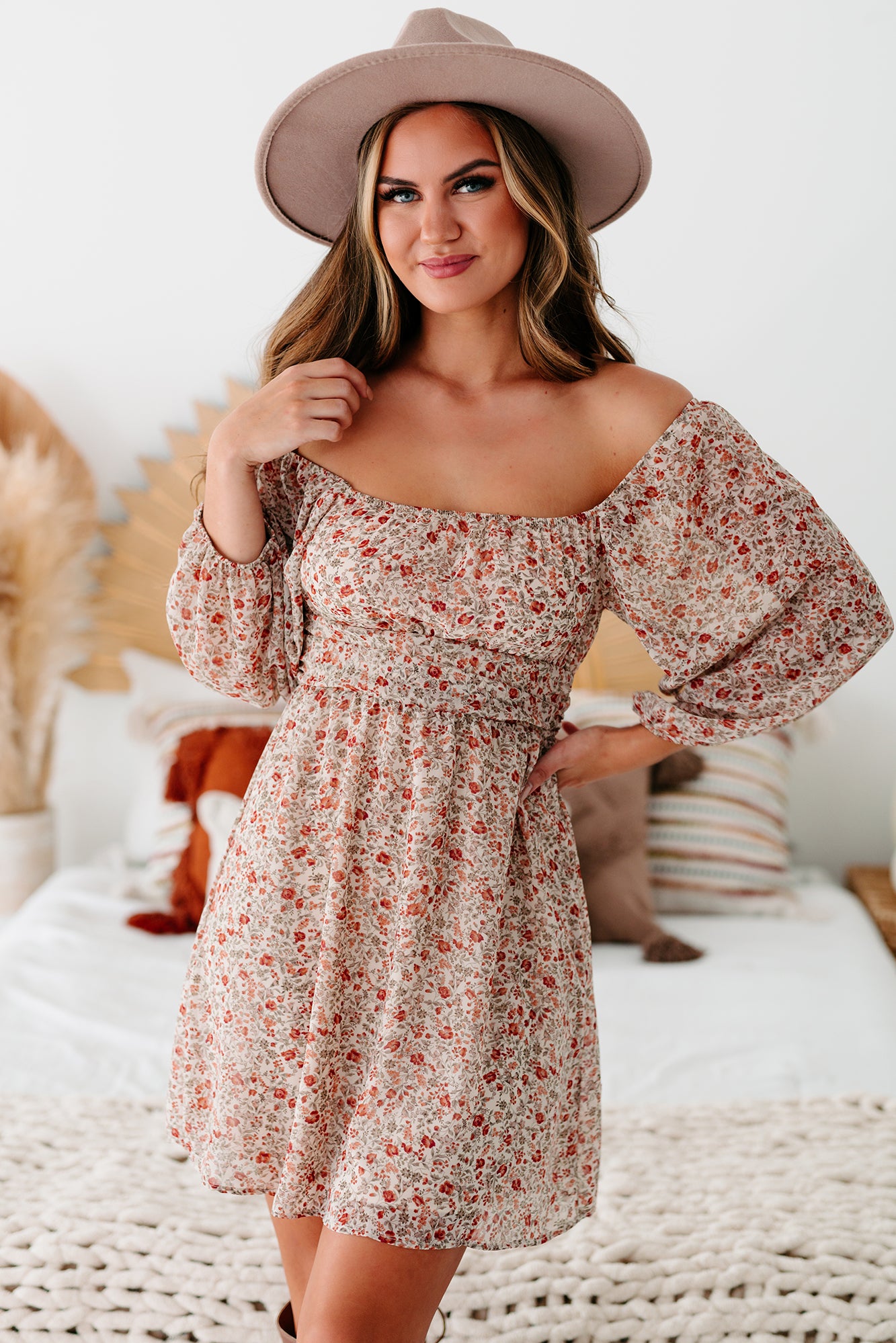 Bloom With Grace Floral Tie-Back Dress (Taupe/Rust Floral) - NanaMacs
