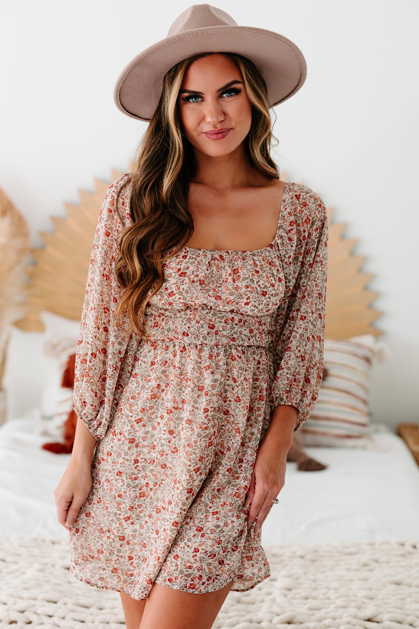 Bloom With Grace Floral Tie-Back Dress (Taupe/Rust Floral) - NanaMacs