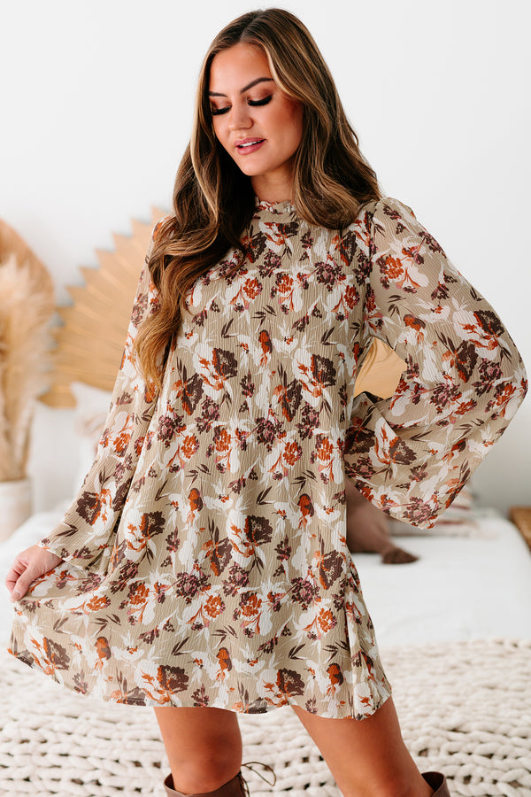 Lifetime Of Memories Floral Long Sleeve Swing Dress (Taupe) - NanaMacs