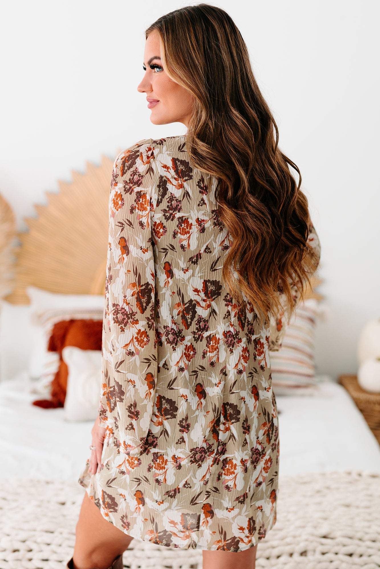 Lifetime Of Memories Floral Long Sleeve Swing Dress (Taupe