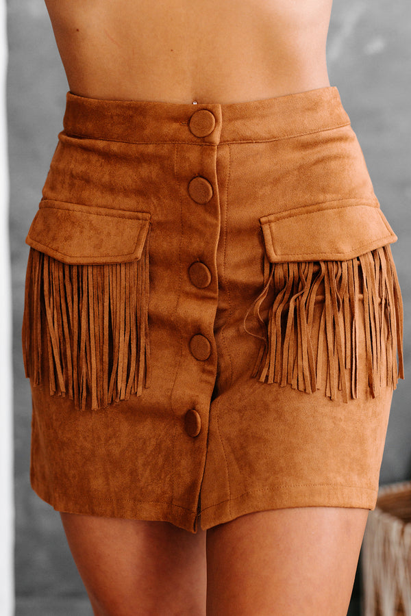 Rodeo Queen Faux Suede Fringe Mini Skirt (Camel) - NanaMacs