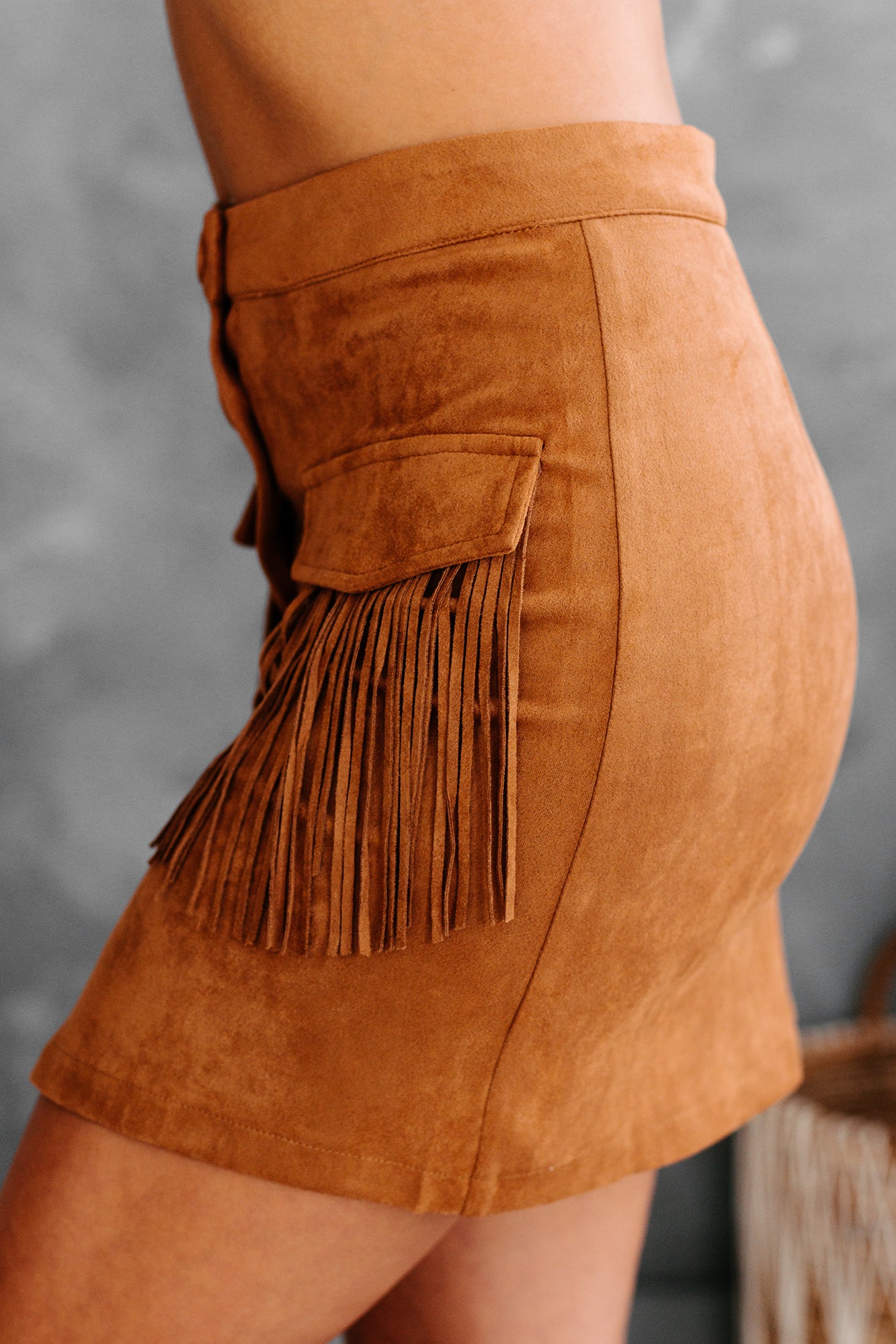 Rodeo Queen Faux Suede Fringe Mini Skirt (Camel) - NanaMacs