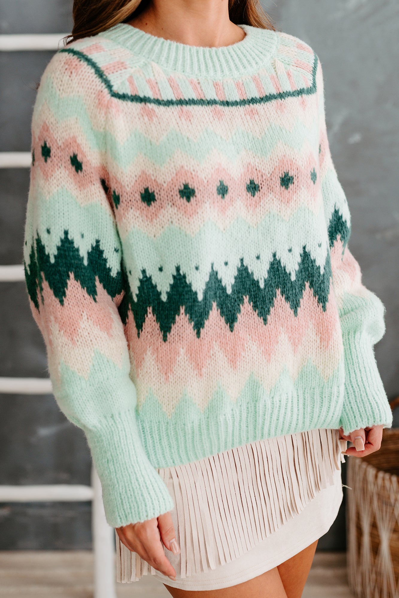 Fall Favorite Geometric Knit Sweater (Sage Mix) - NanaMacs