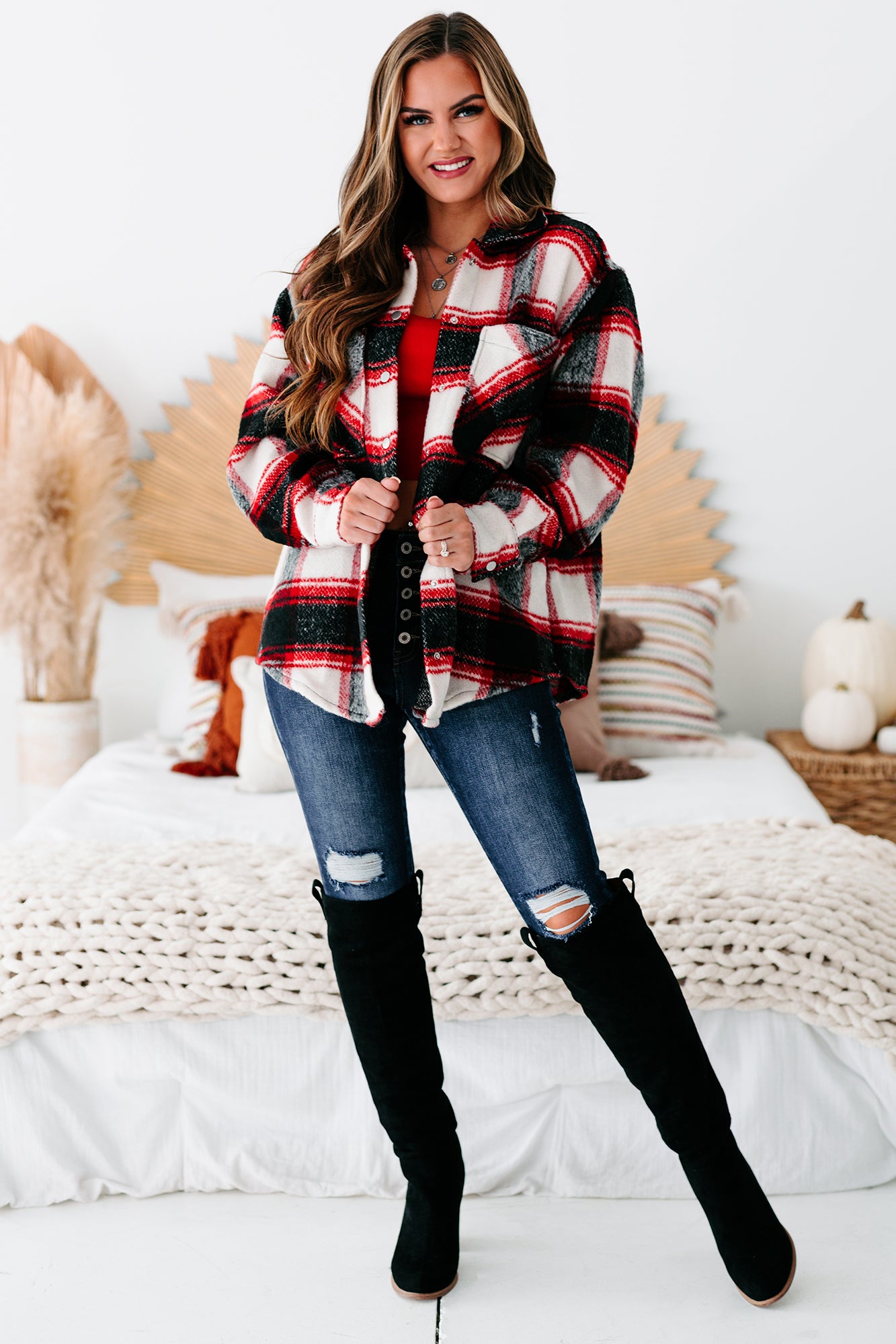 Apple-y Ever After Plaid Oversized Shacket (Red) - NanaMacs