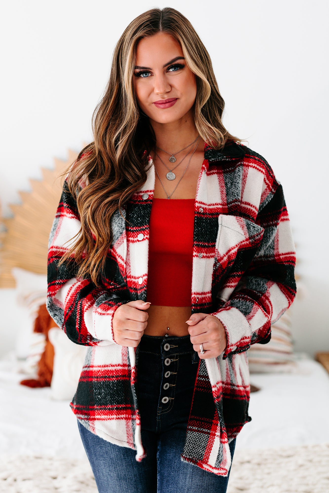 Apple-y Ever After Plaid Oversized Shacket (Red) - NanaMacs