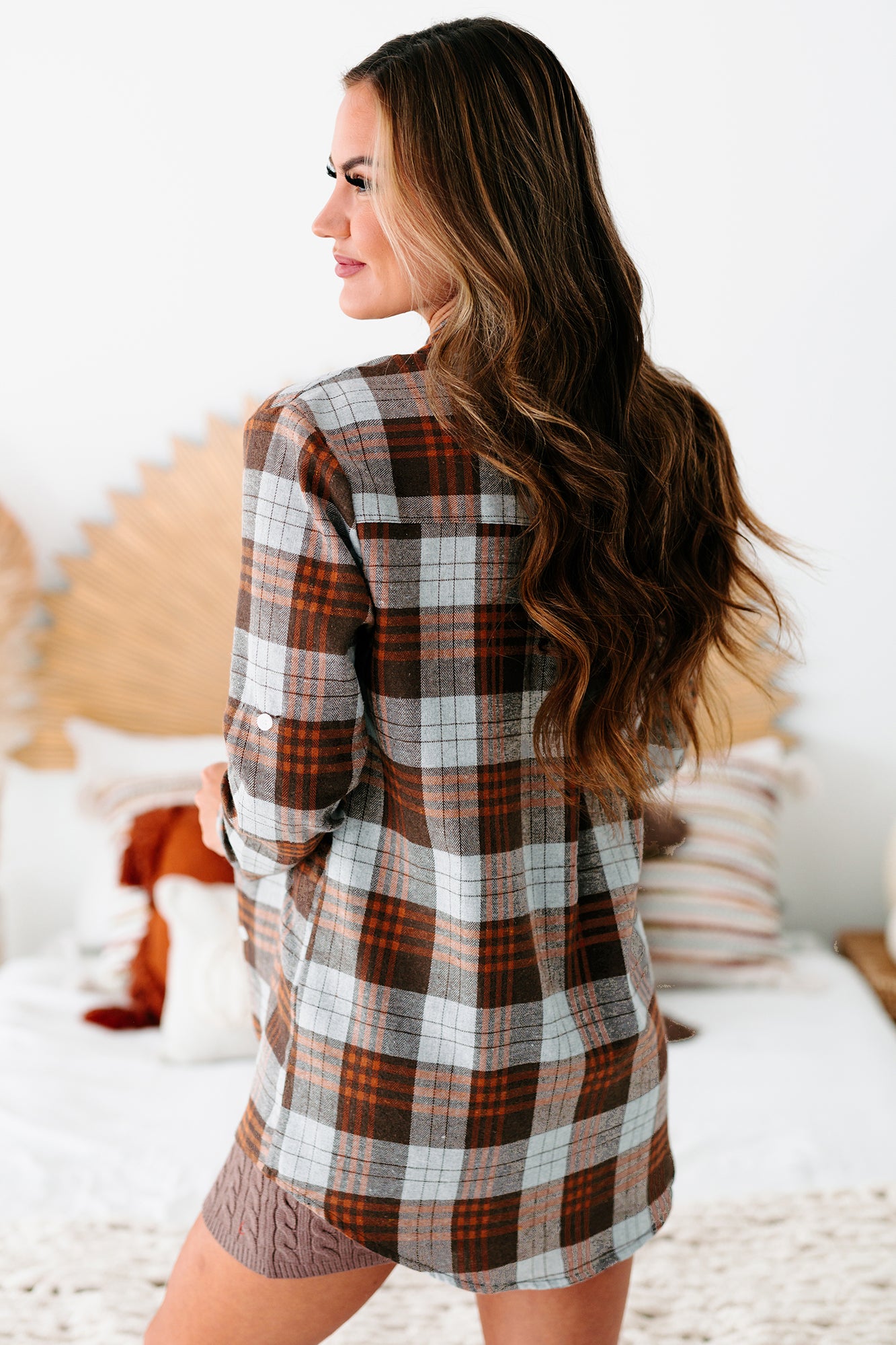 Griffin Plaid Flannel Long Sleeve Shirt Dress (Brown) - NanaMacs