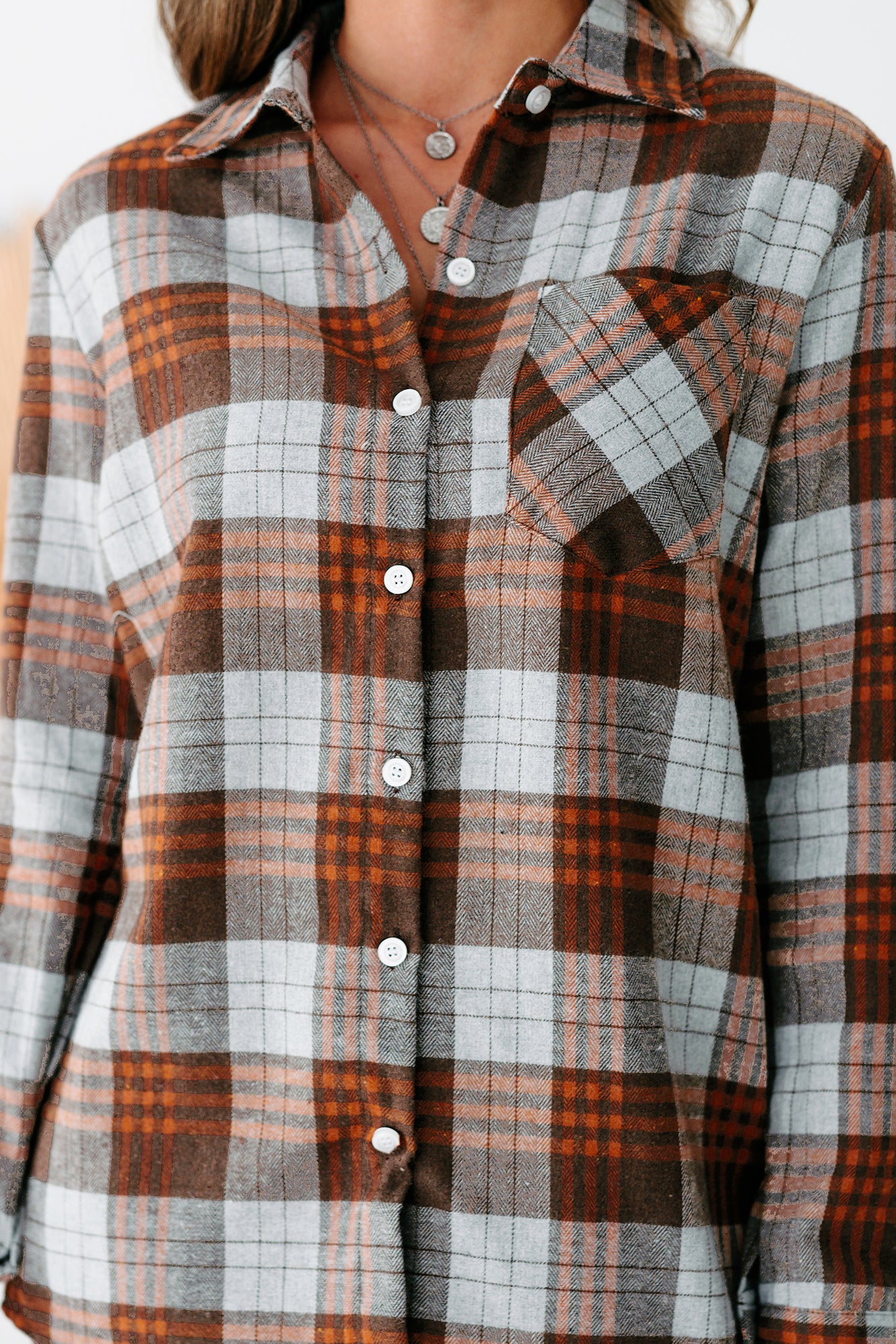 Griffin Plaid Flannel Long Sleeve Shirt Dress (Brown) - NanaMacs