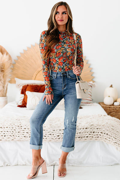 In A Good Place Floral Mock Neck Bodysuit (Rust/Teal) - NanaMacs