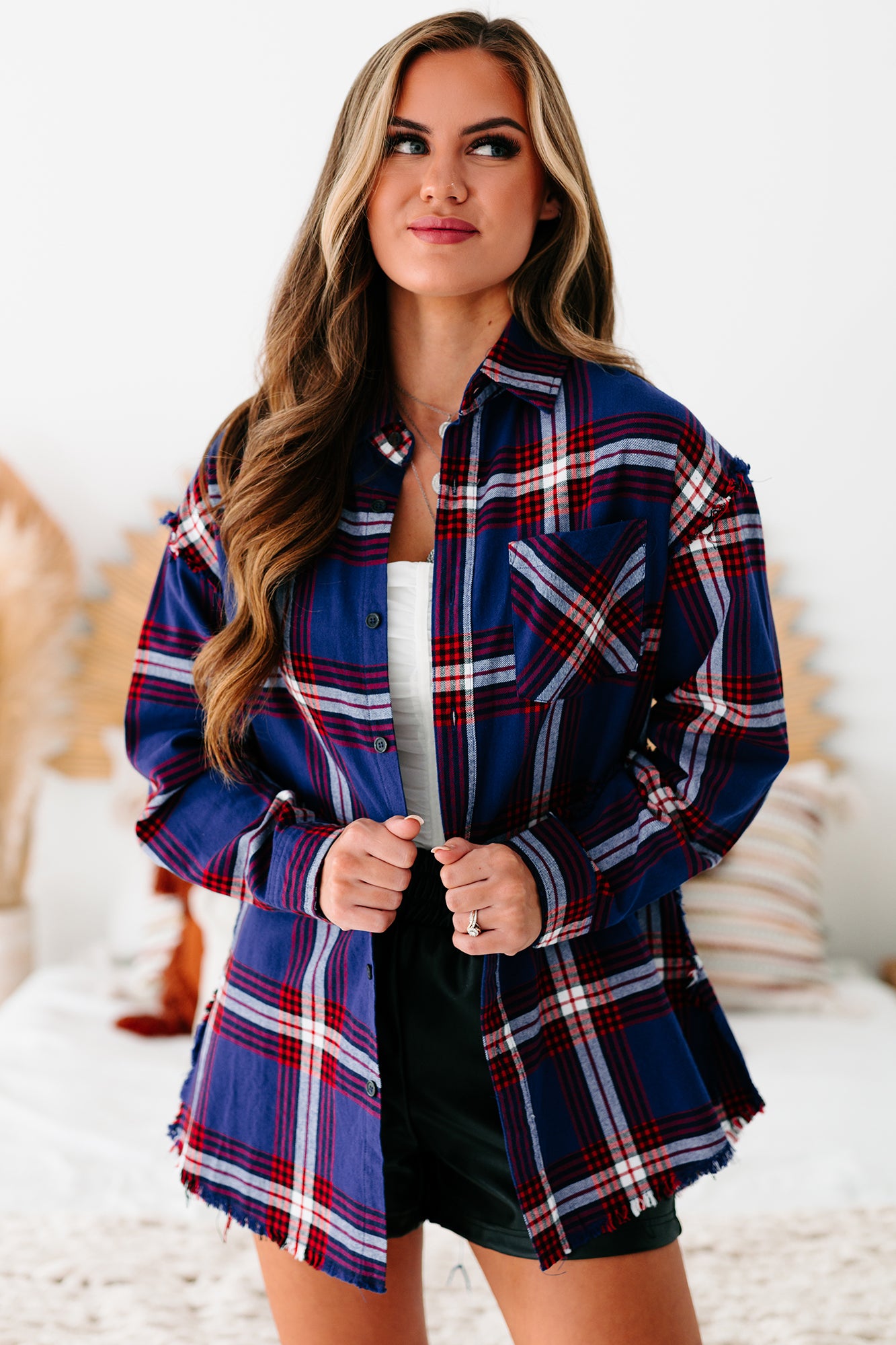 Check You Later Flannel Top (Navy Multi) - NanaMacs