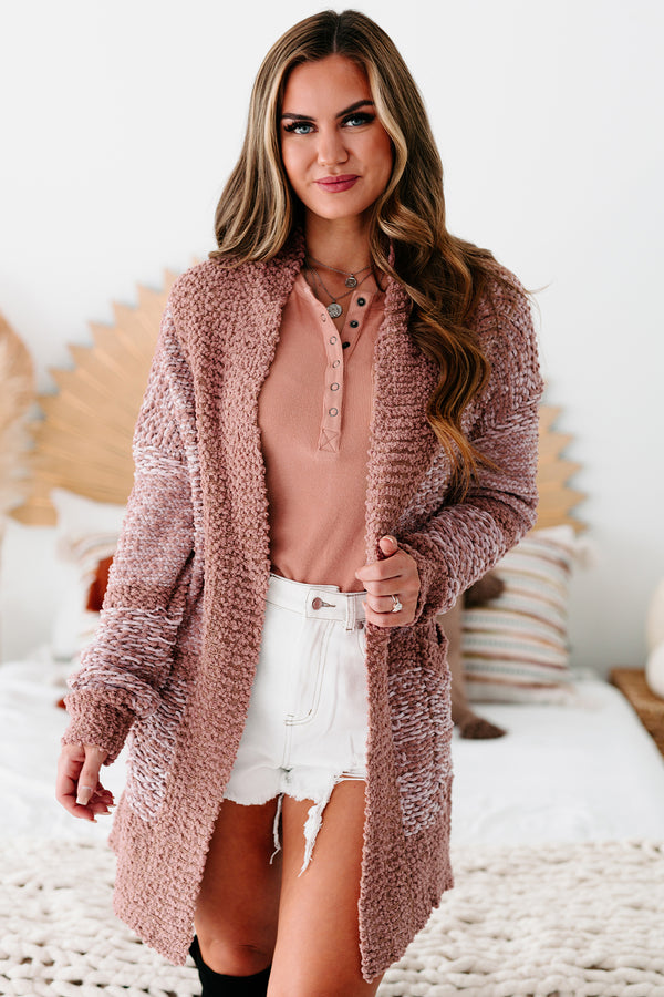 Crushing On Comfort Two-Toned Chenille Knit Cardigan (Ash Rose) - NanaMacs
