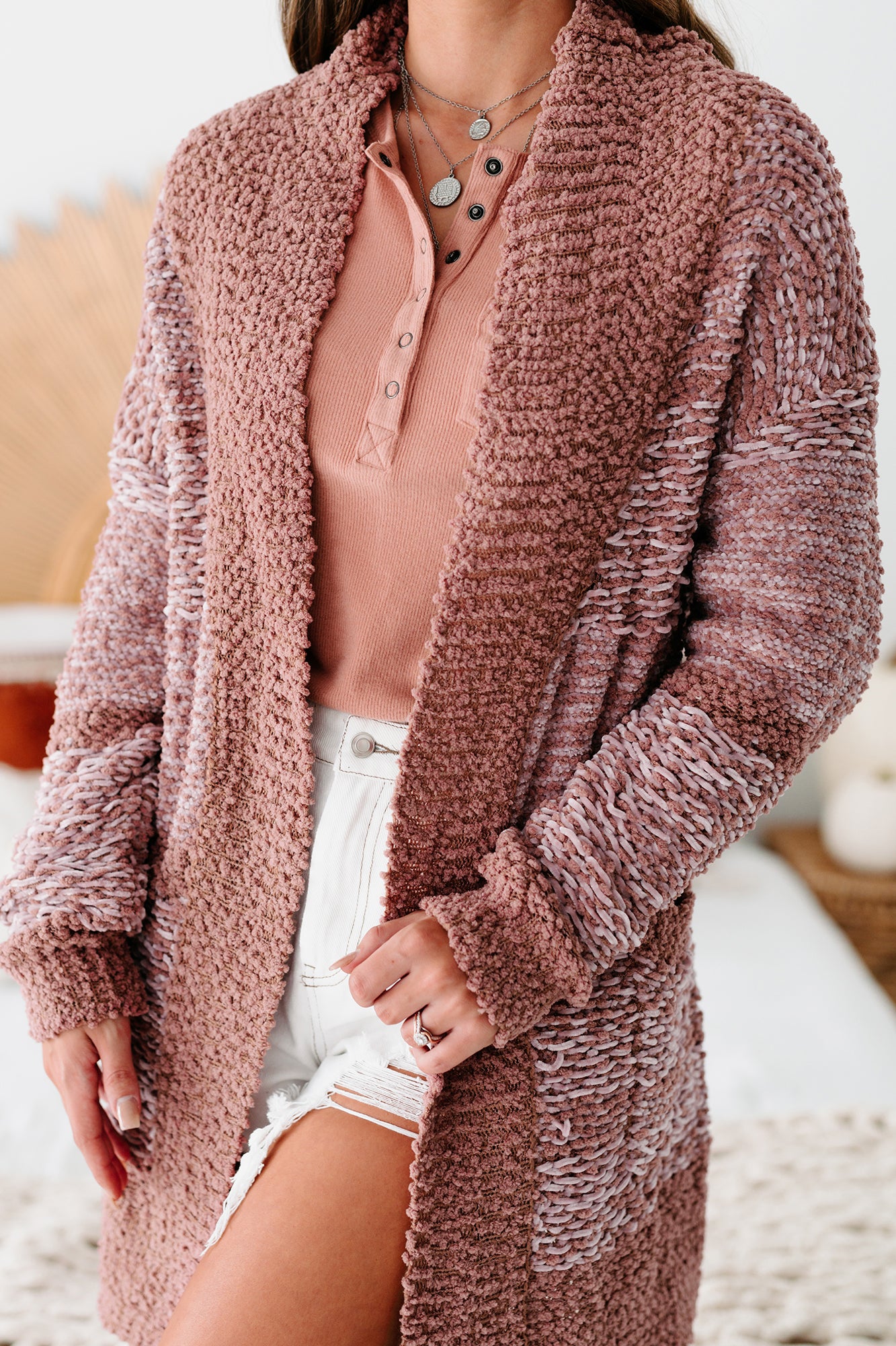 Crushing On Comfort Two-Toned Chenille Knit Cardigan (Ash Rose