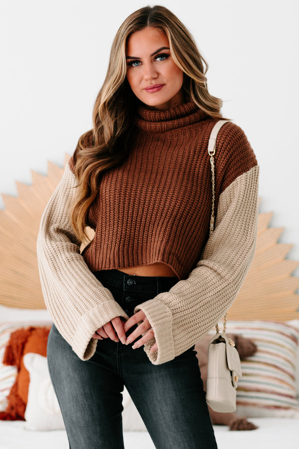 Getting Reacquainted Turtle Neck Color Block Sweater (Camel/ Taupe) - NanaMacs