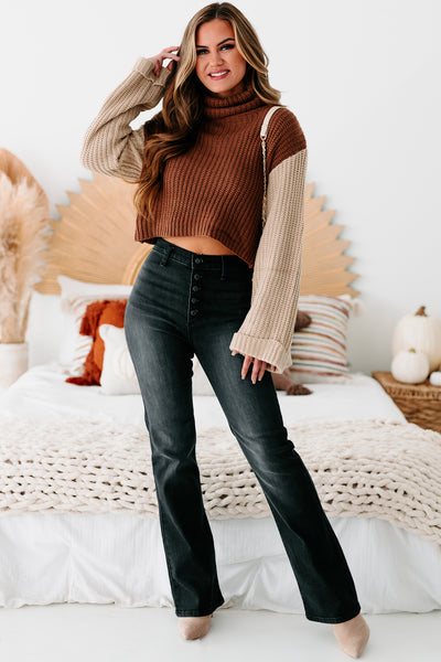 Getting Reacquainted Turtle Neck Color Block Sweater (Camel/ Taupe) - NanaMacs