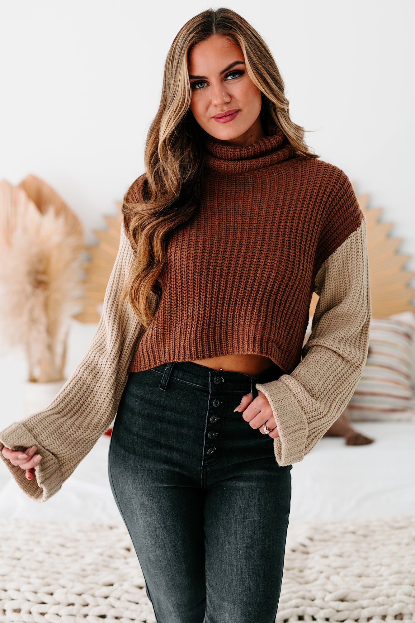 Getting Reacquainted Turtle Neck Color Block Sweater (Camel/ Taupe) - NanaMacs