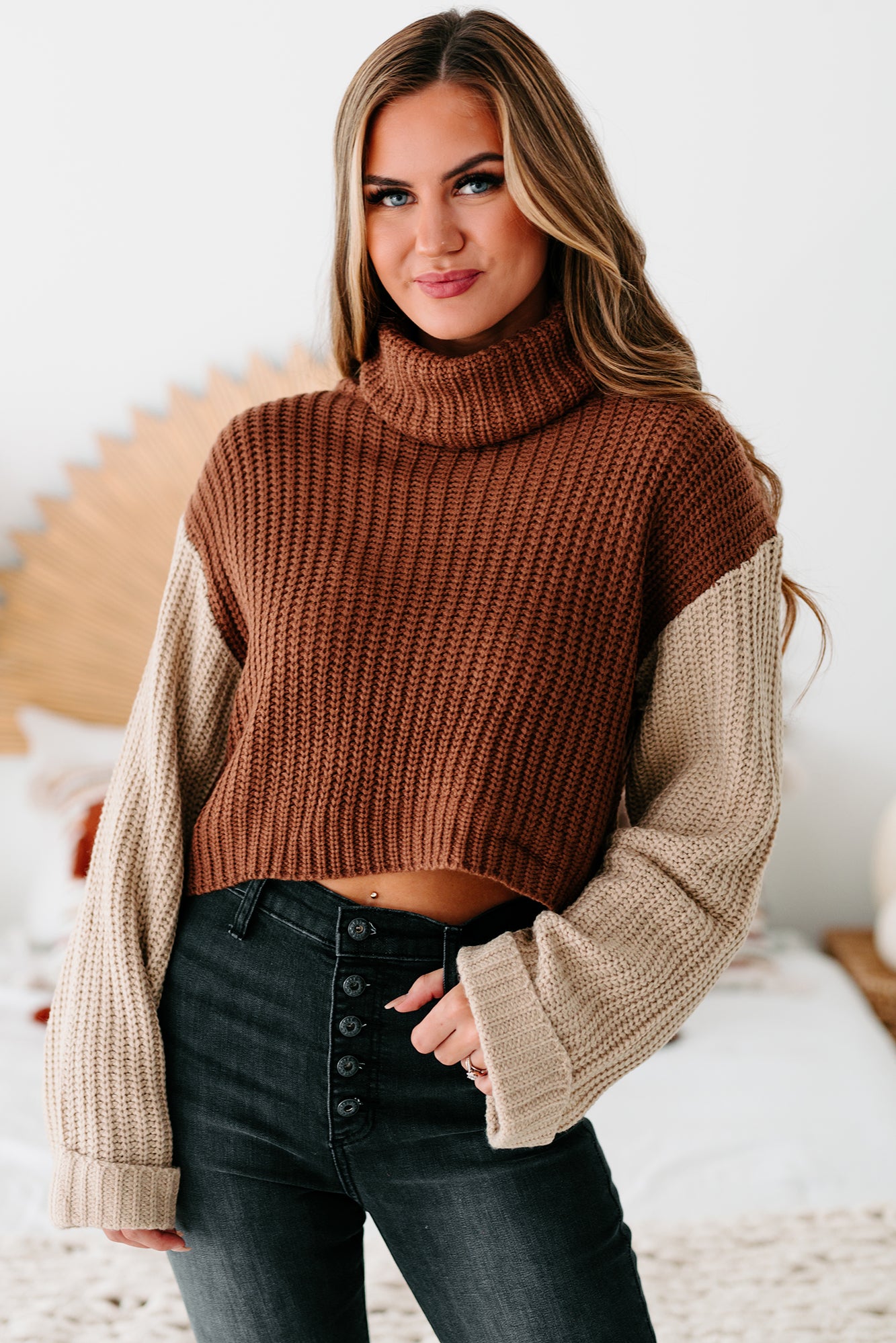Getting Reacquainted Turtle Neck Color Block Sweater (Camel/ Taupe) - NanaMacs