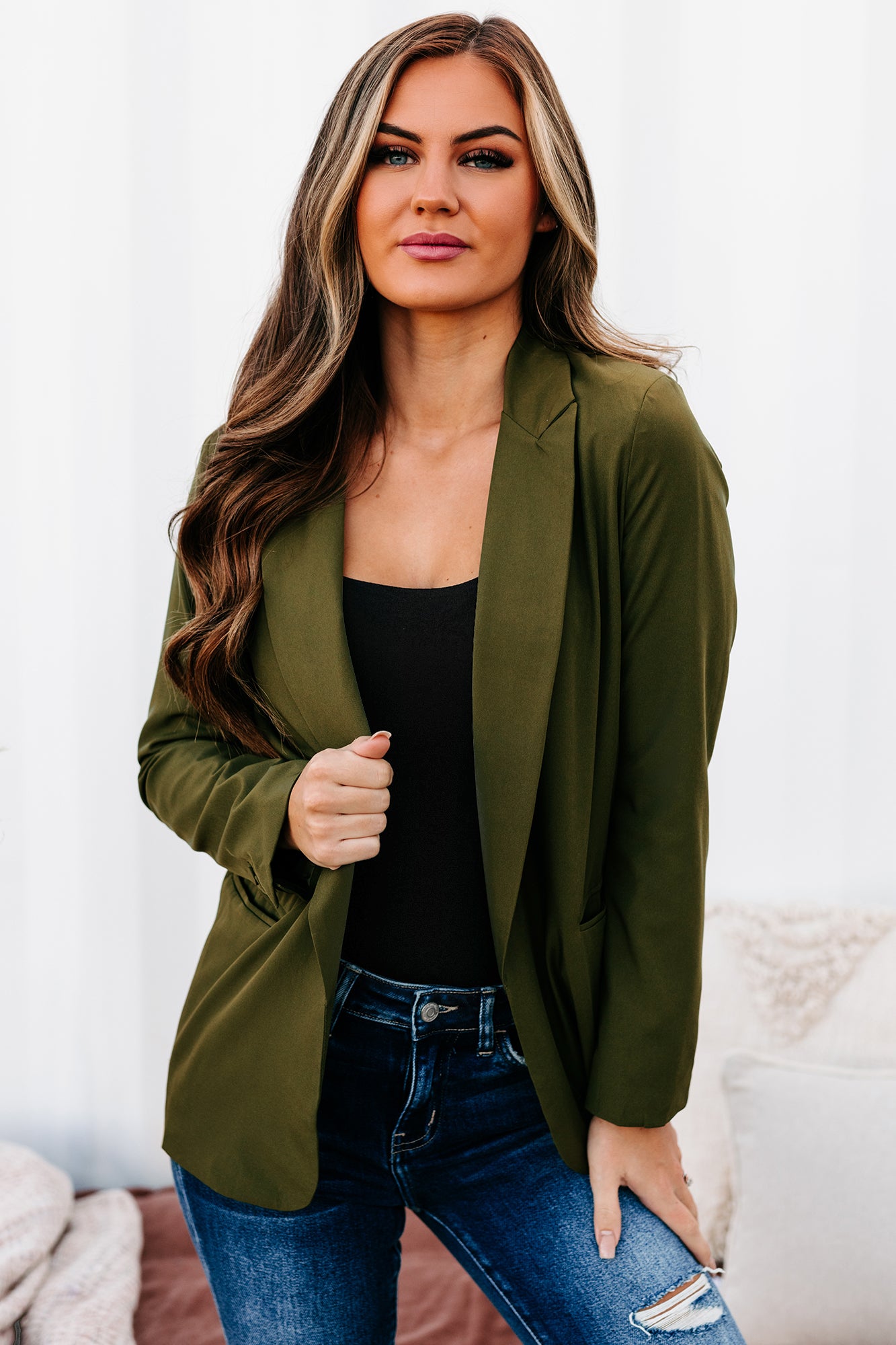 Monthly Projections Open Front Blazer (Olive) - NanaMacs