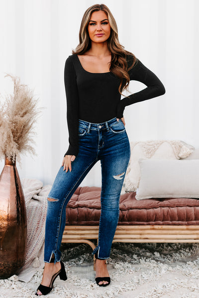 It's All Relative Square Neck Double Layered Bodysuit (Black) - NanaMacs