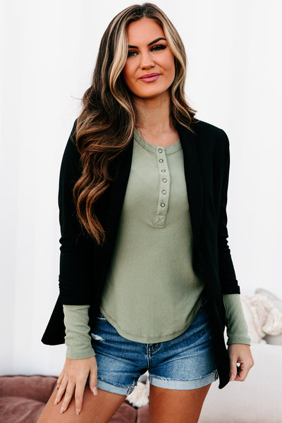 Business First Open Front Ruched Sleeve Blazer (Black) - NanaMacs