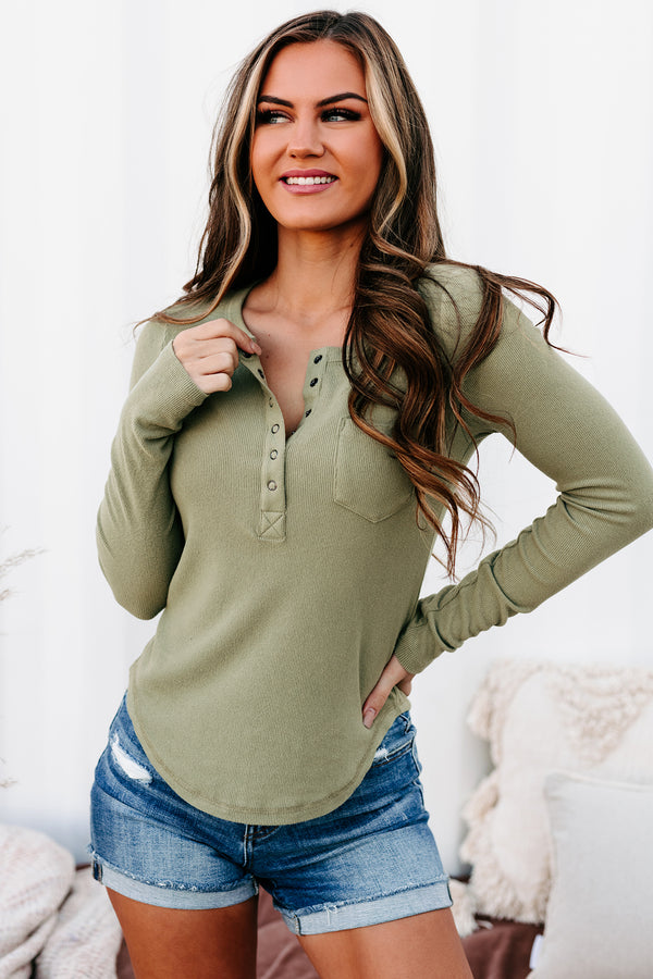 Fostering Friendships Ribbed Long Sleeve Henley Top (Olive) - NanaMacs