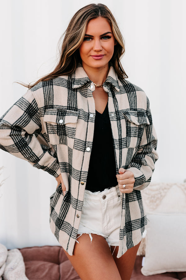 Autumn In Bloom Two Pocket Fleece Plaid Shacket (Tan) - NanaMacs