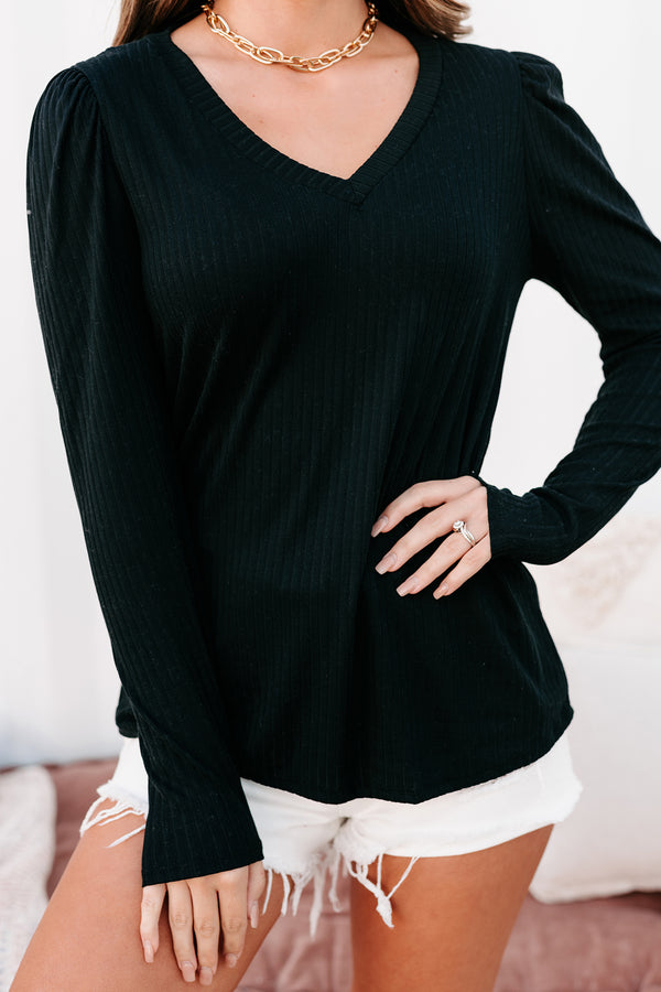 Picked First Ribbed Puff Shoulder Top (Black) - NanaMacs