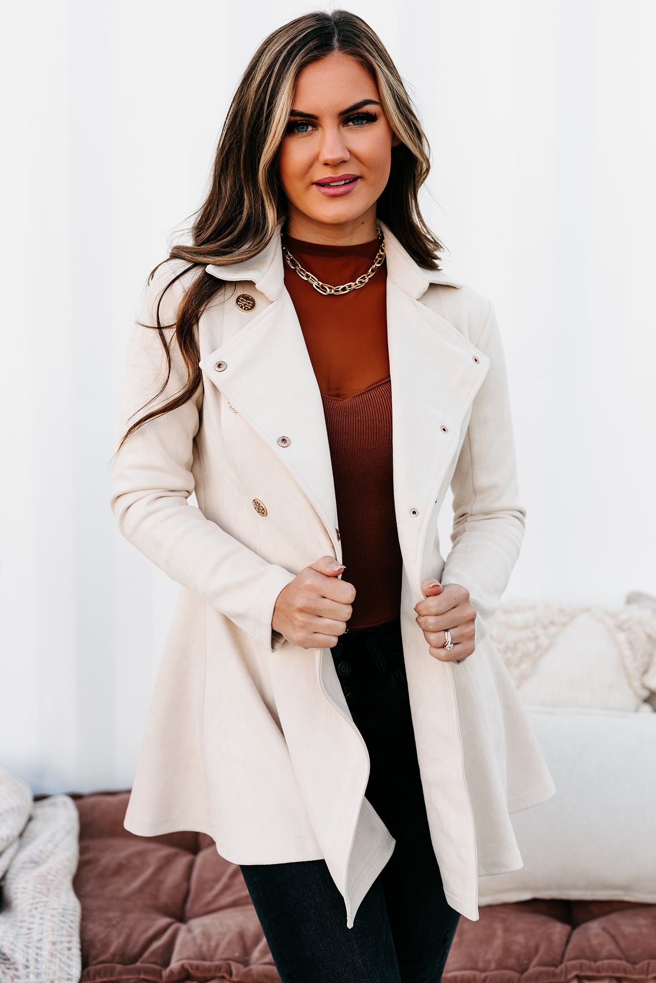 Peak Of Perfection Faux Suede Double Breasted Coat (Cream) - NanaMacs