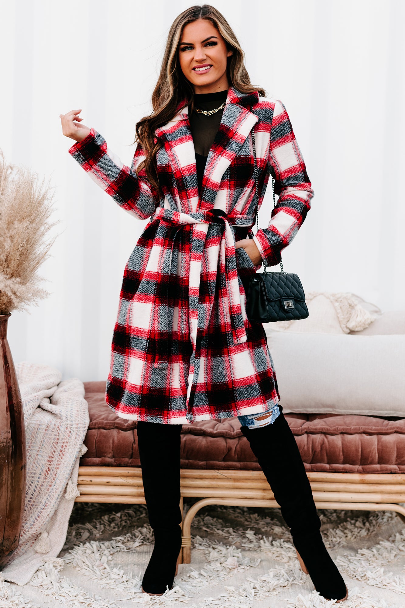 Black and clearance red check coat