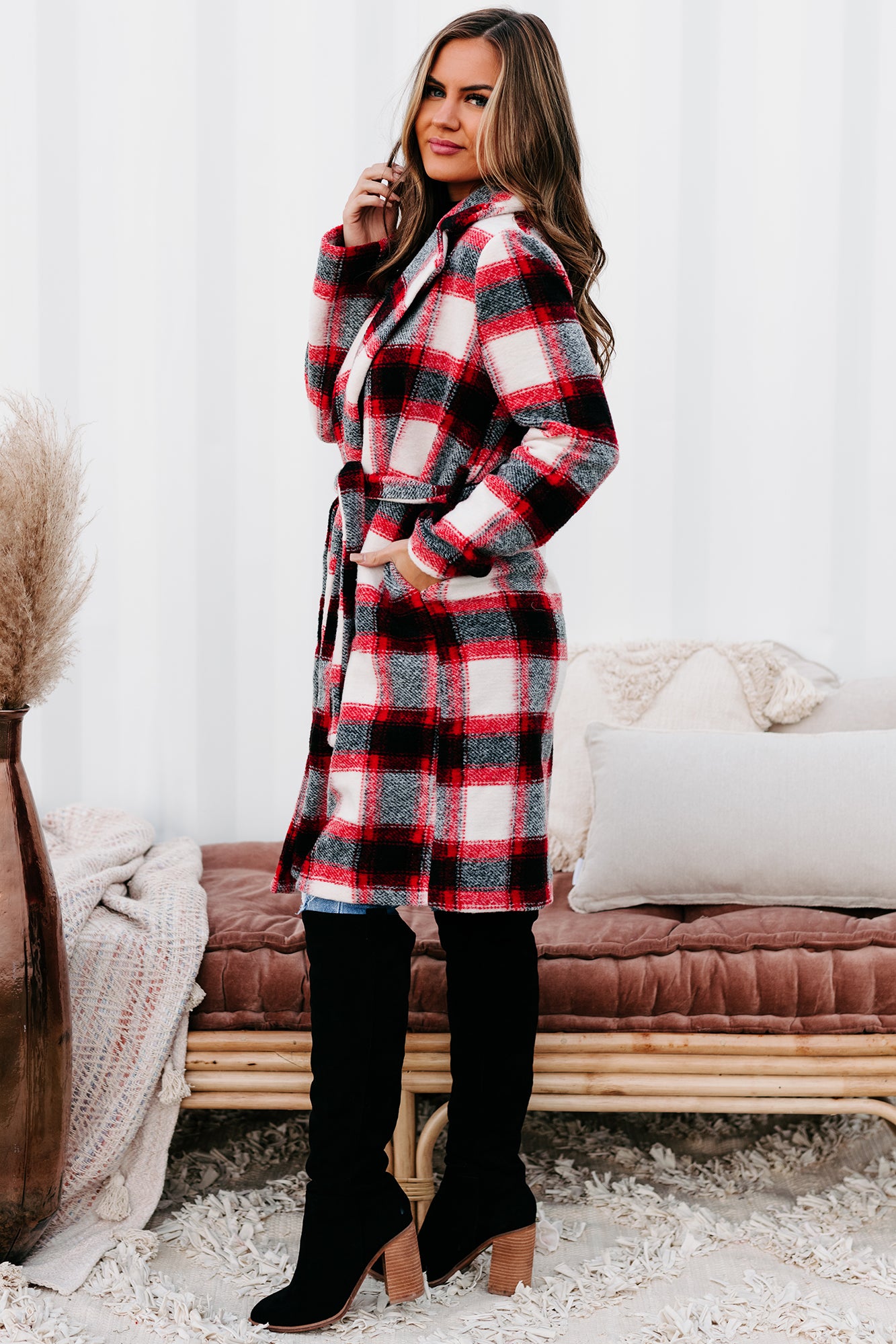 Red and black 2025 plaid coat womens