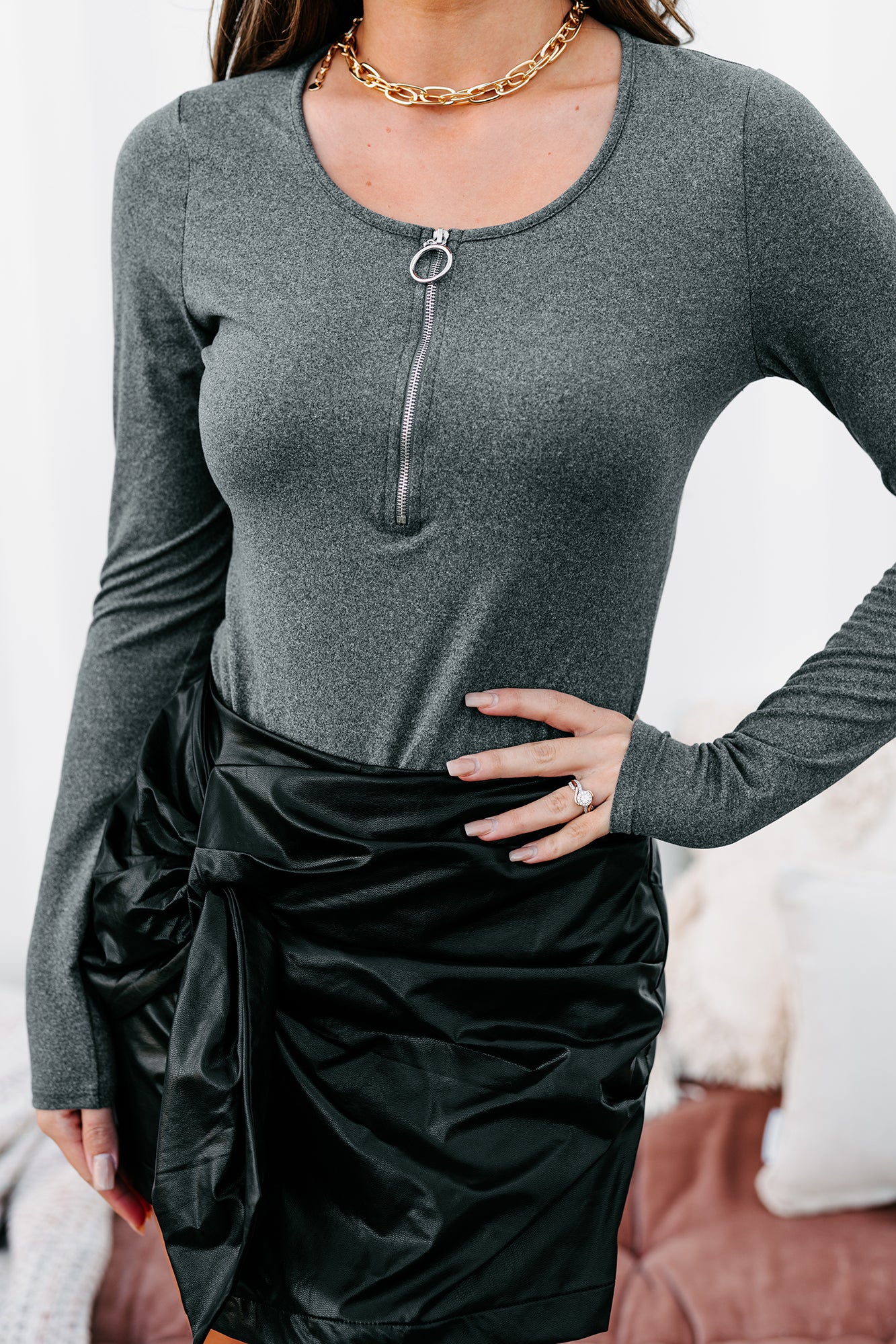 Shilo Long Sleeve Zipper Front Bodysuit (Charcoal) - NanaMacs