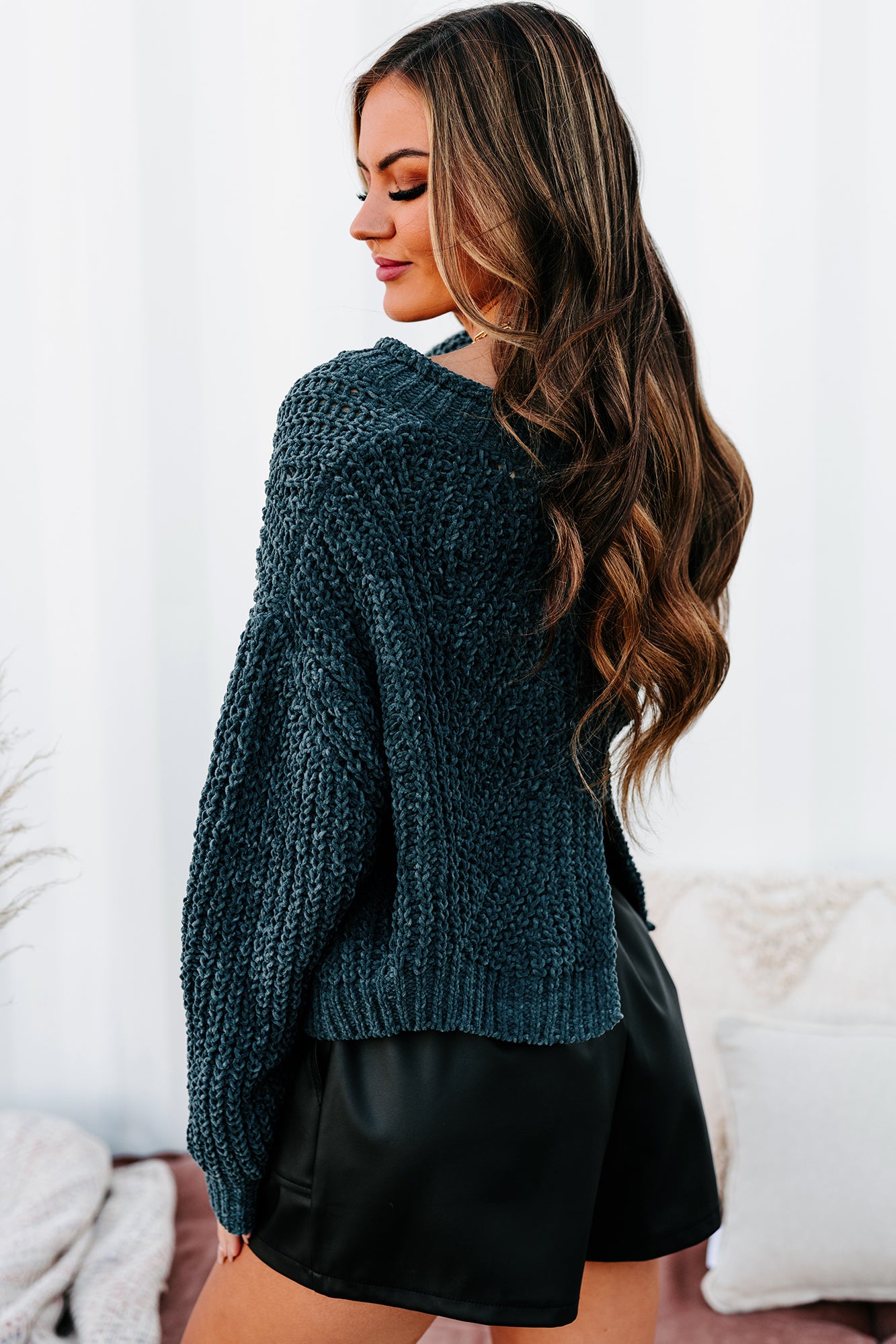 Mooning Over You Cropped Chenille Sweater (Moonlit Ocean) - NanaMacs